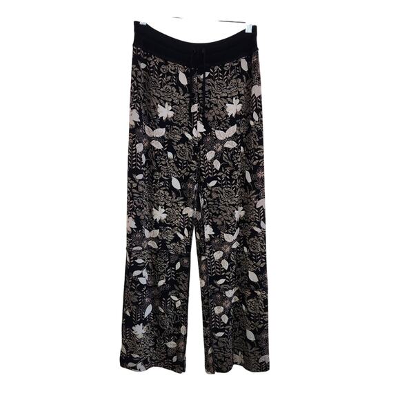 Chico's Travelers Black Tan Wide Leg Pants Lightweight Floral Drawstring Medium - Picture 1 of 6